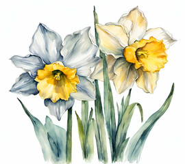 Daffodil flower with leafs, pastel watercolor drawing