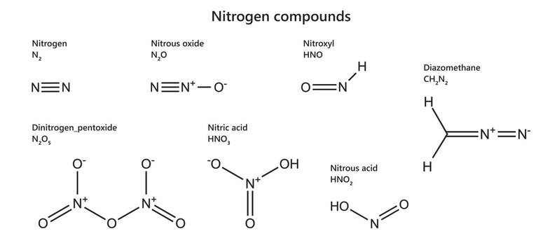 Various Nitrogen (N) compounds: N2, oxide, nitroxyl, diazomethane, dinitrogen pentoxide, nitric acid, nitrous acid. Isolated on white background.