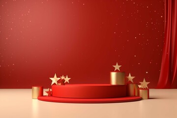 3D Christmas background. Red cylinder pedestal podium with golden star and Christmas elements scene. Abstract composition in minimal design.