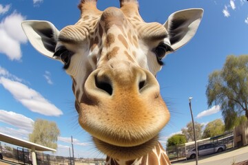 A close up of a giraffe's face and neck