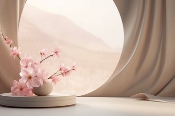 3D background, pink podium, stone display. Sakura pink flower tree branch with shadow. Floral Cosmetic or beauty product promotion step pedestal.