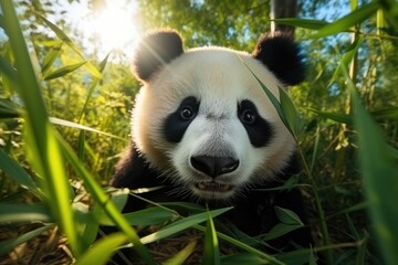 A panda bear is sitting in the tall grass