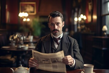 man in victorian times reading a new newspaper - obrazy, fototapety, plakaty