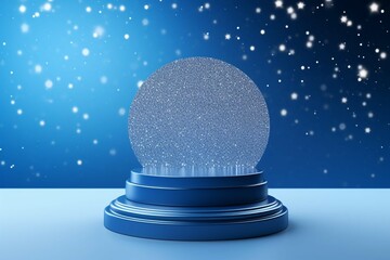 3D podium display. Blue Christmas background. Glass ornament with snow. Beauty product presentation or text. New year pedestal showcase with glitter confetti.