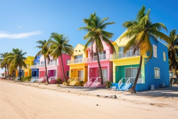A row of brightly colored houses on a beach - obrazy, fototapety, plakaty