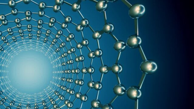 A 3D animation of a spinning carbon nanotube shows the carbon allotrope, which resembles a tube of carbon atoms.