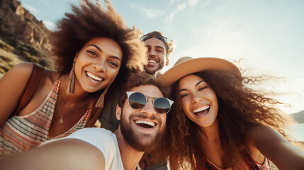 Selfie of a multiracial group of cheerful young friends have fun travel together. Visit Europe, tourism, hostel and cheap flights concept. Happy people. Students travelling to europe. Visiting famous  - obrazy, fototapety, plakaty