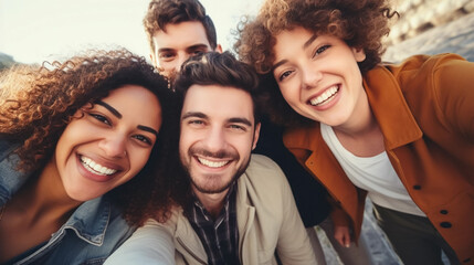 Selfie of a multiracial group of cheerful young friends have fun travel together. Visit Europe, tourism, hostel and cheap flights concept. Happy people. Students travelling to europe. Visiting famous  - obrazy, fototapety, plakaty