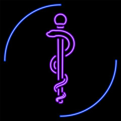 staff of asclepius neon sign, modern glowing banner design, colorful modern design trends on black background. Vector illustration.