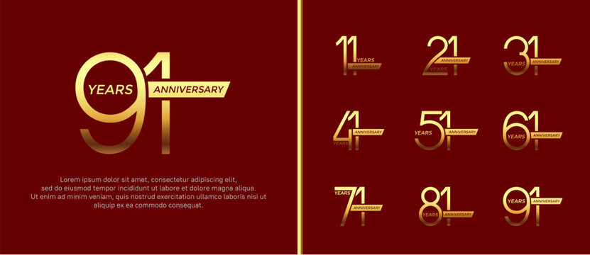 set of anniversary logo golden color and ribbon on red background for celebration moment