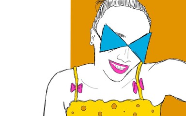 A colorful, sketch, drawing illustration of a beautiful, happy lady smiling. She's wearing big, blue sunglasses taking a selfie, concept. Copy space for text on background.