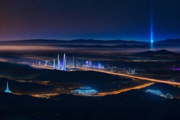 Naklejka na ściany i meble A futuristic 3D rendering of Silicon Valley at night, Mount Hamilton towering over a cityscape bathed in neon lights, flying cars weaving through skyscrapers
