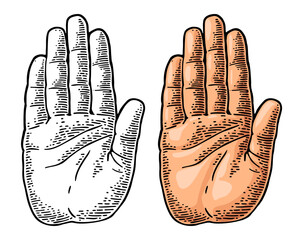 Hand showing stop gesture. Front view. Vector color and monochrome vintage engraving illustration isolated on a dark background. For web, poster, info graphic.
