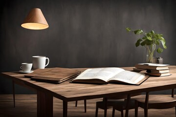 Wood table with books.