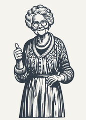 Fototapeta na wymiar Grandma approves showing thumb up. Vintage woodcut engraving style vector illustration. 