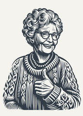 Grandma approves showing thumb up. Vintage woodcut engraving style vector illustration.	