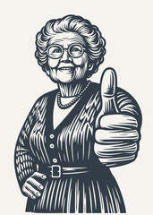 Grandma approves showing thumb up. Vintage woodcut engraving style vector illustration.	