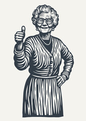 Grandma approves showing thumb up. Vintage woodcut engraving style vector illustration.	