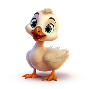 Adorable little gosling looked up with eyes in cartoon style. 3d rendered illustration of baby duck cartoon character with white background. Drawing for children.