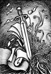 magic sword ink drawing