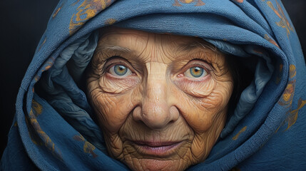 Closeup portrait of authentic granny village old wrinkled wise mature woman looking at camera with big blue eyes