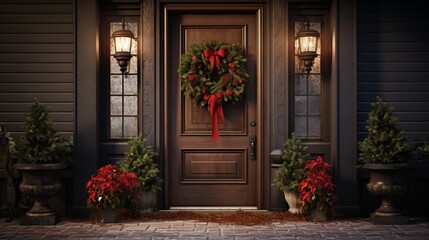 Fototapeta na wymiar An elegant wooden door of a home, adorned with a wreath, capturing the essence of welcoming warmth.