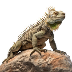 Iguana lizard sitting on a stone isolated on white or transparent background
