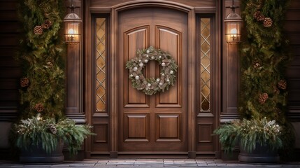 An elegant wooden door of a home, adorned with a wreath, capturing the essence of welcoming warmth.