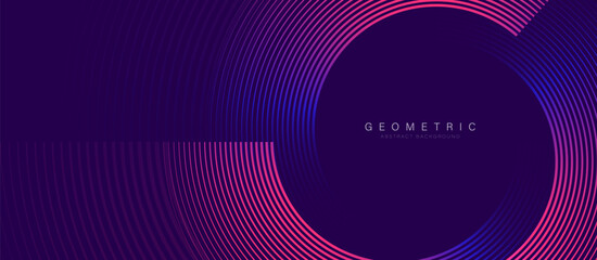 Blue and pink abstract banner with circular geometric line shapes background. Modern futuristic hi-technology concept. Vector illustration