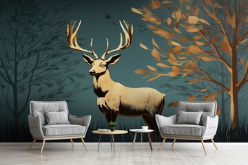 A living room with a deer mural on the wall