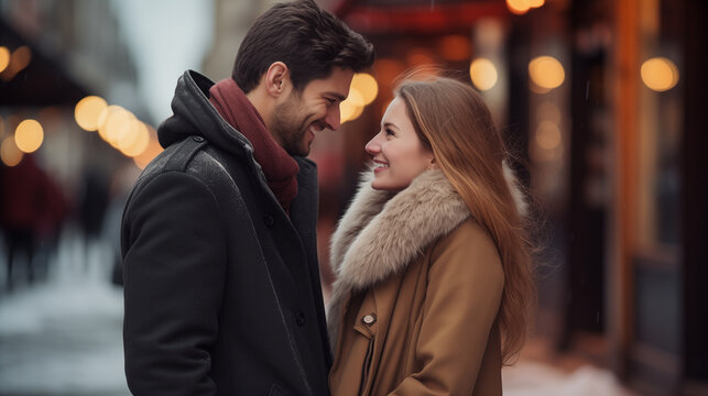  young beautiful couple enjoying the winter on streets 