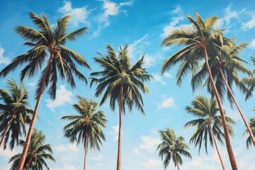Fototapeta na wymiar A painting of palm trees against a blue sky