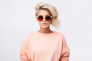 Fashionable confident blonde woman wearing trendy peach fuzz sweatshirt and sunglasses - obrazy, fototapety, plakaty