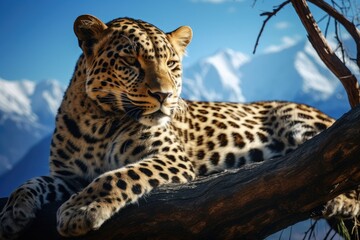 A large leopard laying on top of a tree branch