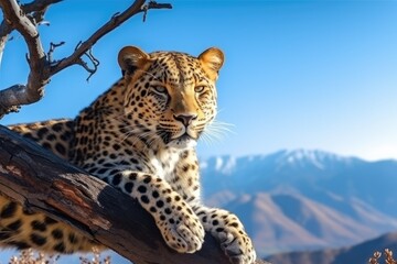 A leopard resting on a tree branch with mountains in the background