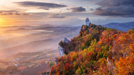 San Marino, Republic of San Marino, Italy. Aerial landscape image of San Marino, Italy at beautiful...