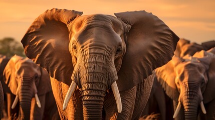Elephants, from below, side view, golden hour, shot with telephoto lense.
