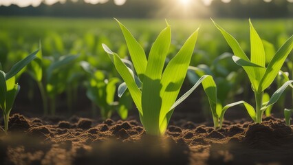 Closeup a young, bright corn plant Blooming on a ground in a corn field. Blurry background of a corn field in the morning light. - obrazy, fototapety, plakaty