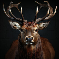 Close-up of a Red deer stag in front of a dark background. generative ai
