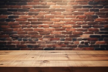 Wood table in front of rustic brick wall blur background with empty copy space on the table for...