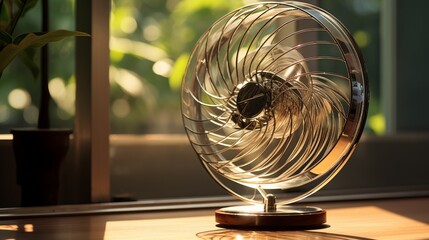 An oscillating table fan, blades capturing the ambient reflection.