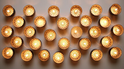 An overhead view of a circular arrangement of tealight candles on a white wall, forming a radiant sun pattern. - Powered by Adobe