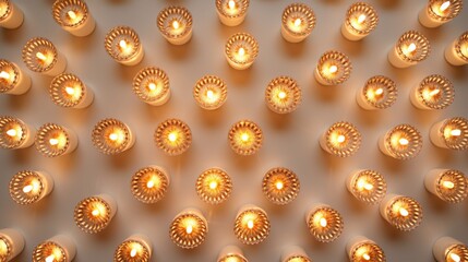 An overhead view of a circular arrangement of tealight candles on a white wall, forming a radiant sun pattern. - obrazy, fototapety, plakaty