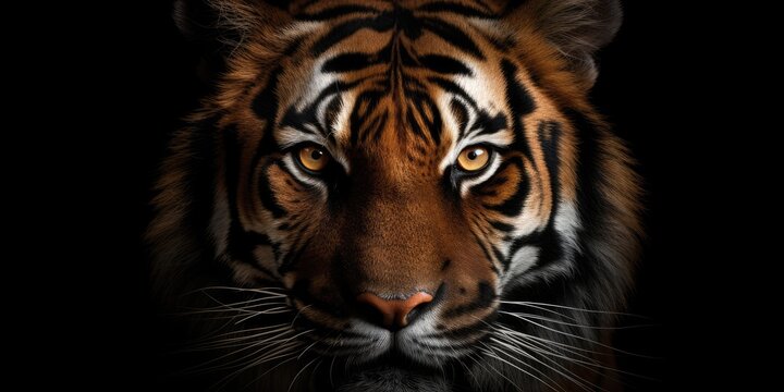 A close up of a tiger's face on a black background
