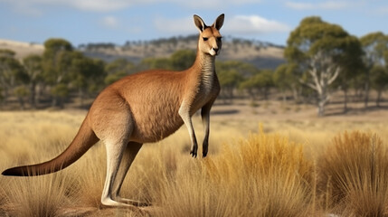 Naklejka na ściany i meble Red Kangaroo standing up in grasslands. generative ai
