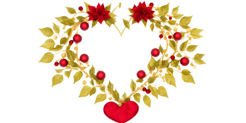Christmas Leaves and gold ornaments in heart shape border, empty space in center without background