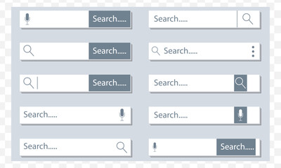 Set search bar icons. Website ui bar set. Searching element for web site, app, ui and logo. Vector search shape with button for website navigation.