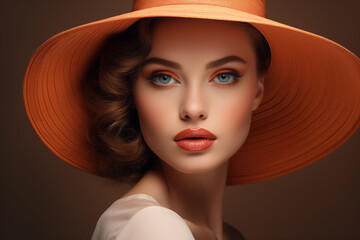 Close up portrait of beautiful young brunette woman with peach fuzz lips and eyeshadows wears hat
