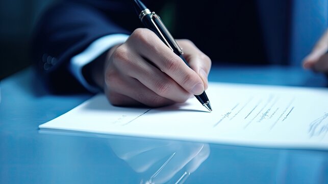 The hand of the businessman signs the documenti. Agreement, closing a deal. Close-up. Table with the document