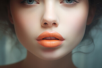 Close up view of beautiful young woman with plump peach fuzz lips - obrazy, fototapety, plakaty